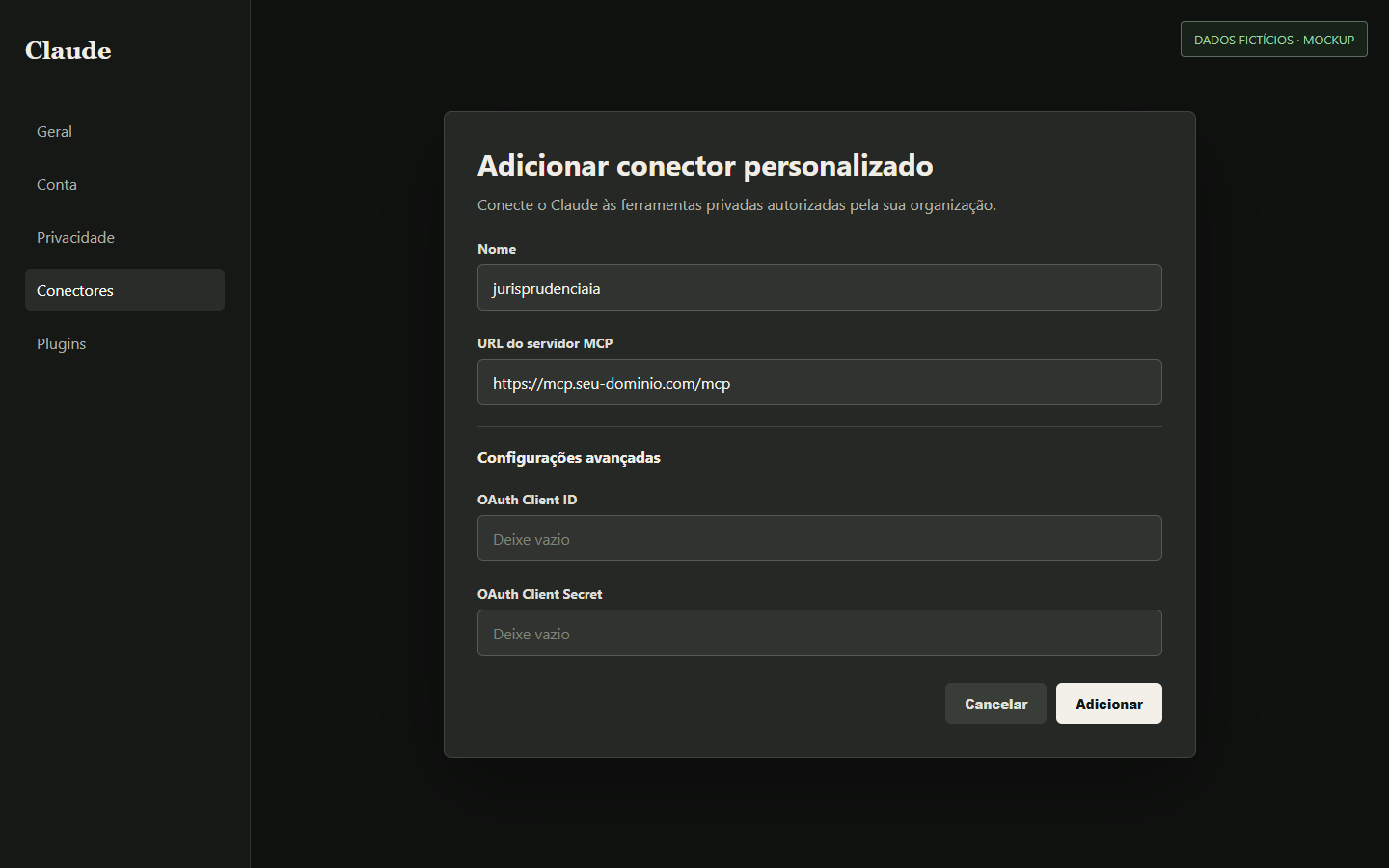 Mockup do formulário do Claude com nome jurisprudenciaia e URL pública