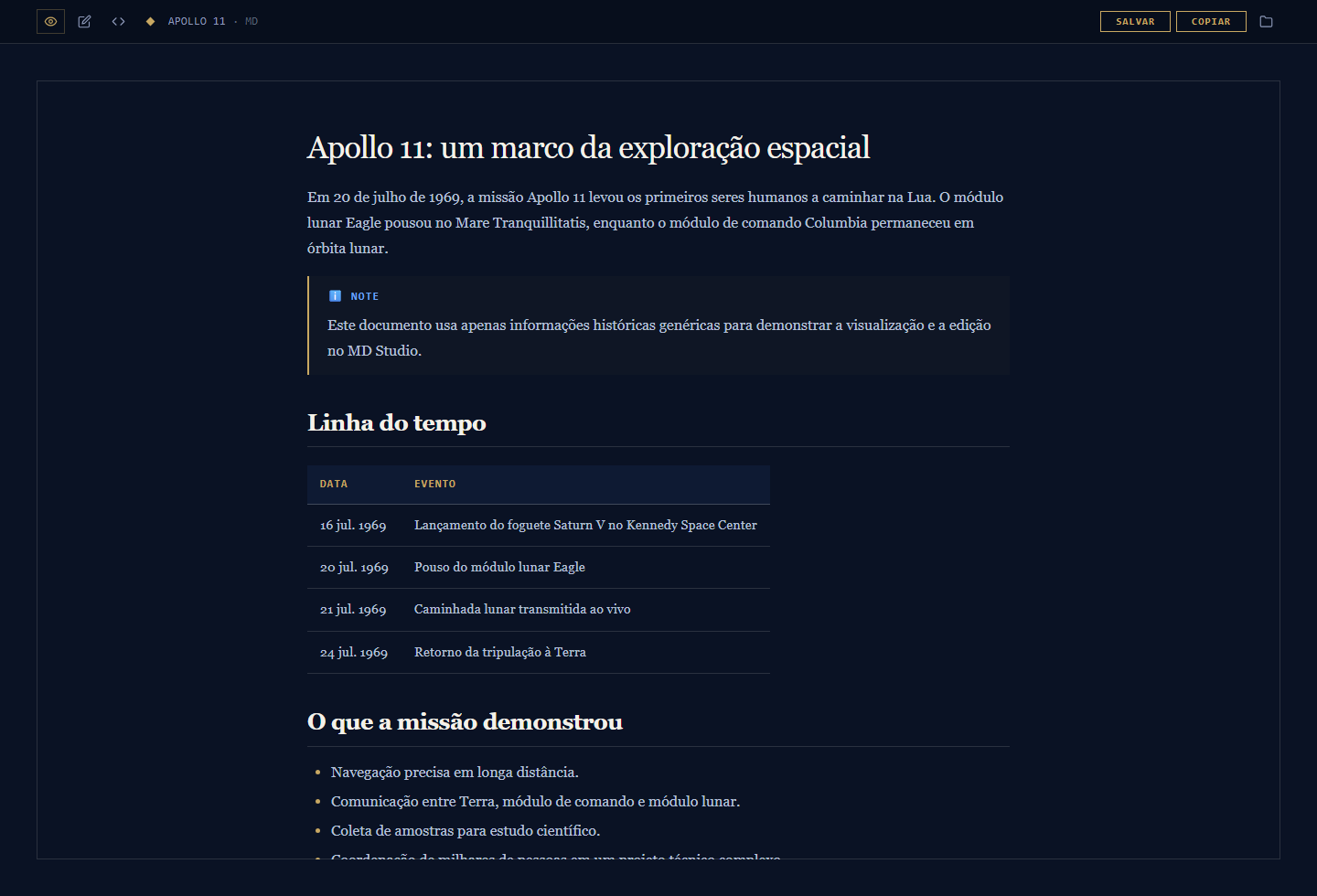 MD Studio em Preview: títulos, parágrafos, alerta, tabela de eventos e lista sobre a missão Apollo 11.