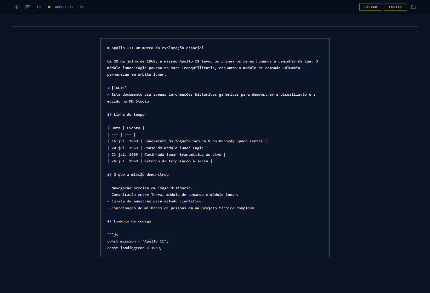 O mesmo documento Apollo 11 no editor de código-fonte, com títulos, tabela e listas em sintaxe Markdown.